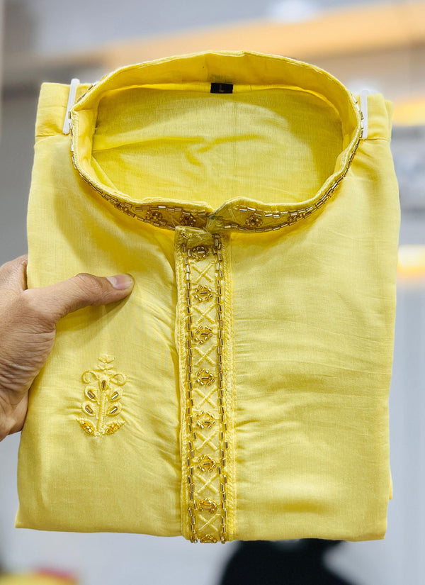 Prazu Fashion Yellow Roman Silk Handwork Kurta With Pajama