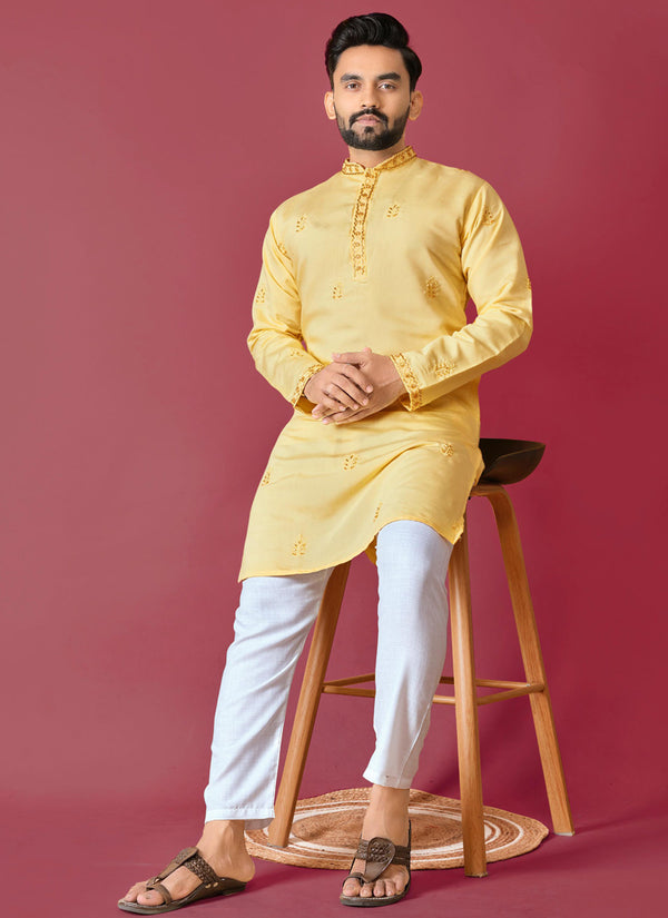 Prazu Fashion Yellow Roman Silk Handwork Kurta With Pajama