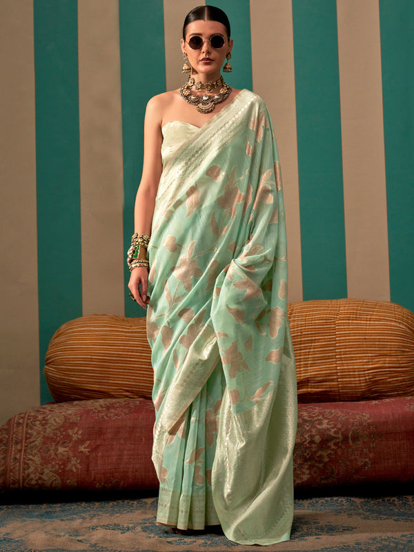 NOZ2TOZ Women's Linen Sea Green Woven Design Designer Saree With Blouse Piece - Distacart
