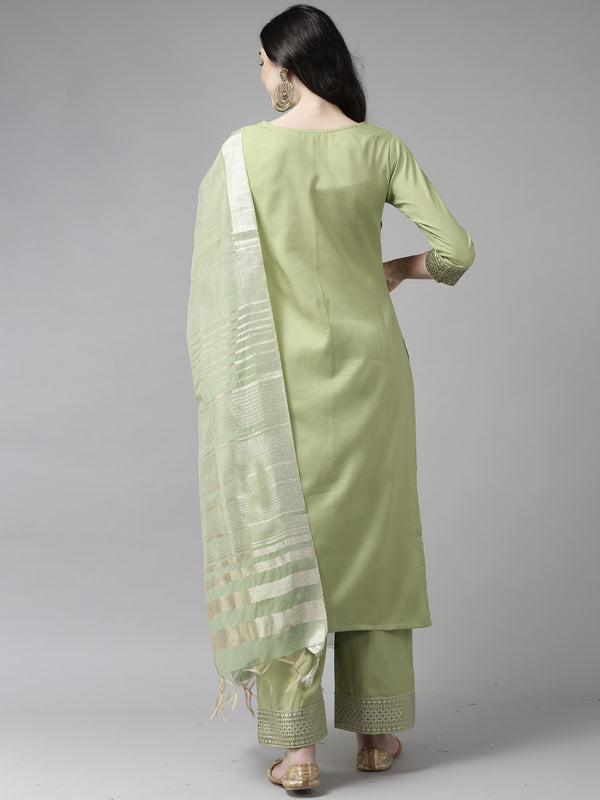 Indo Era Solid Green Straight Kurta Palazzo With Dupatta Set - Distacart