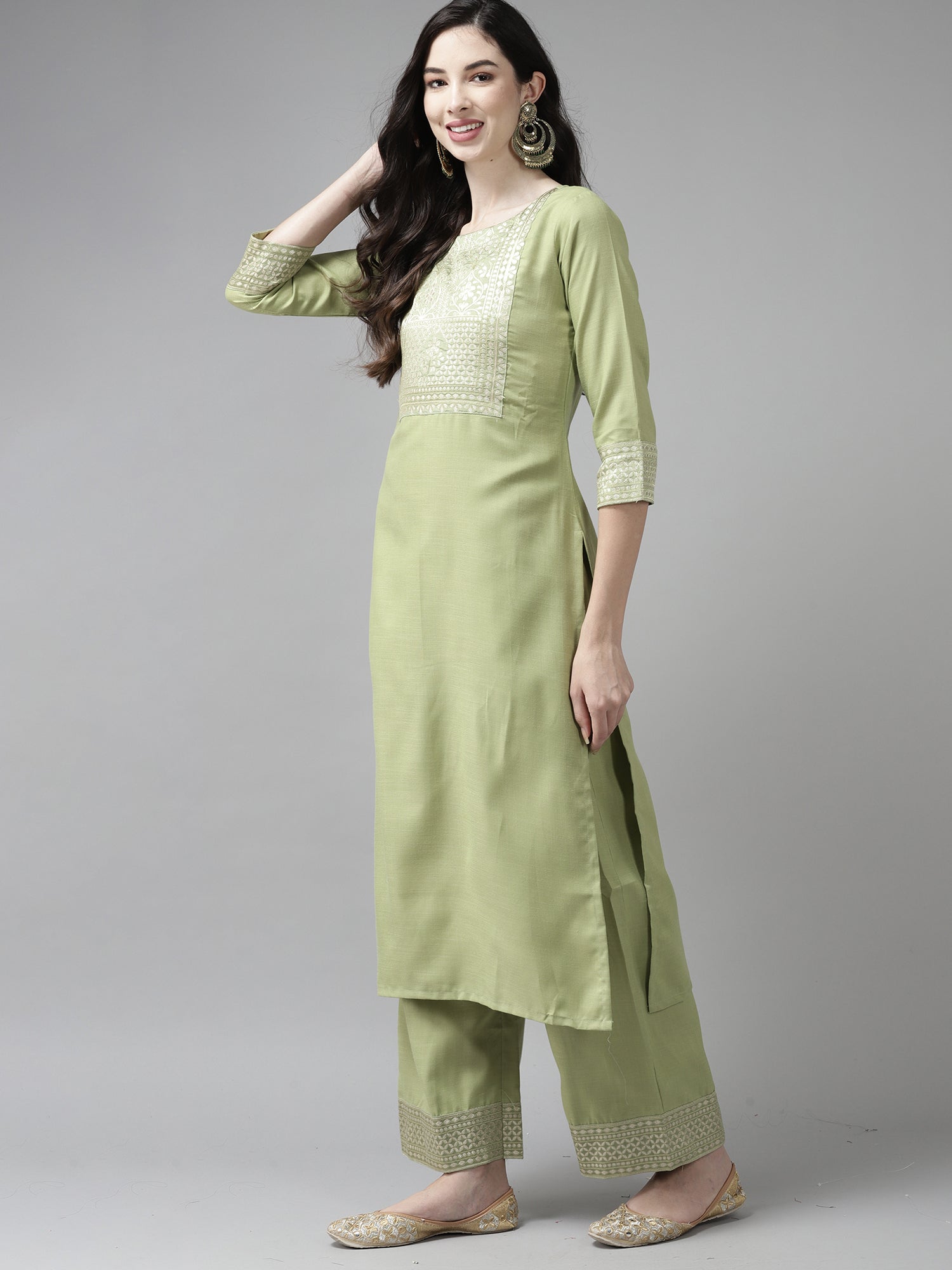 Indo Era Solid Green Straight Kurta Palazzo With Dupatta Set - Distacart