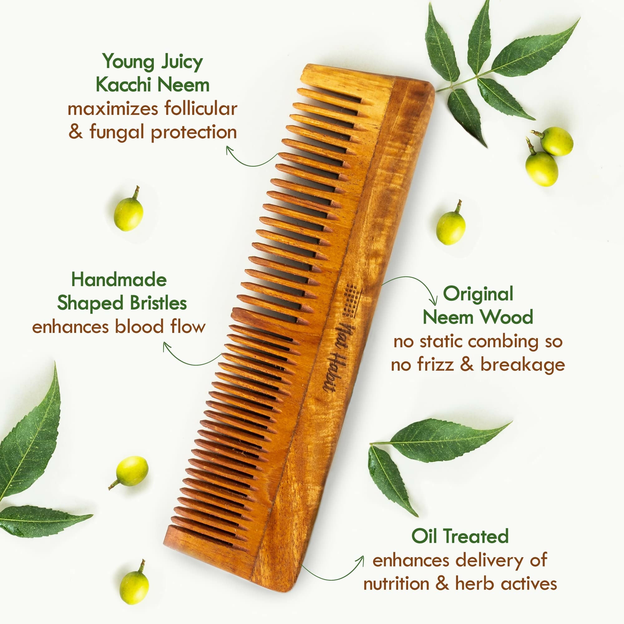 Nat Habit Kacchi Neem Wooden Comb - Soaked In 13 Herbs, Neem & Sesame Oil For Multi-Actions - Distacart