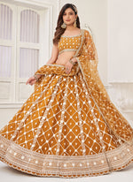 Thumbnail for Vegaa Fashion Yellow Butterfly Net Embroidery Thread Designer Lehenga