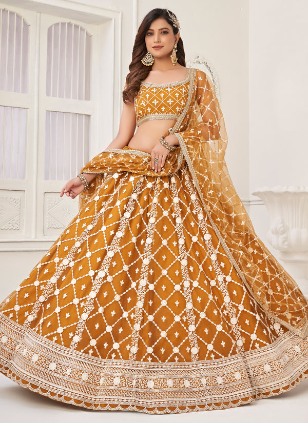 Vegaa Fashion Yellow Butterfly Net Embroidery Thread Designer Lehenga