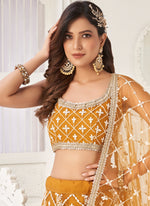 Thumbnail for Vegaa Fashion Yellow Butterfly Net Embroidery Thread Designer Lehenga