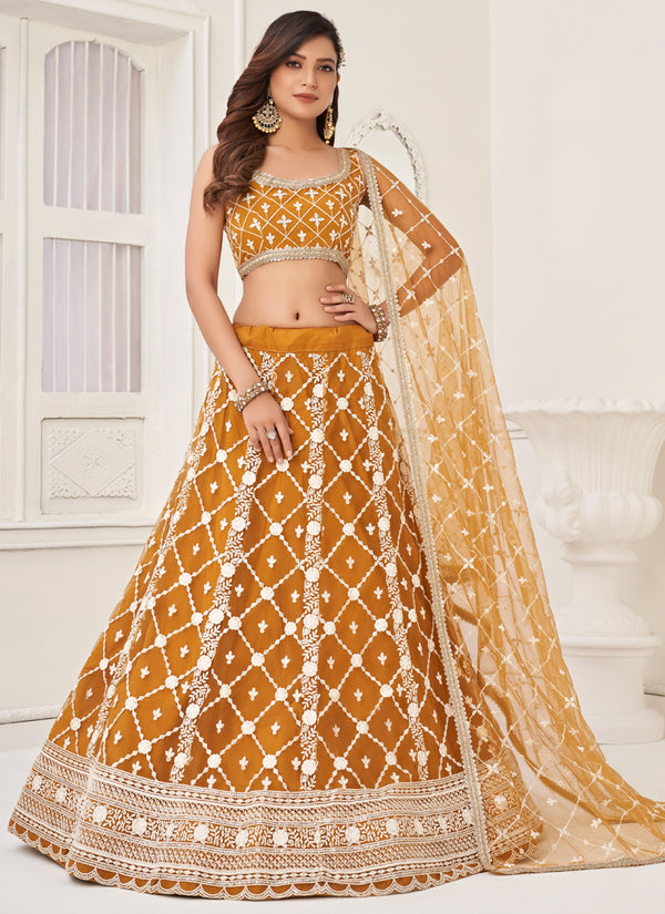 Vegaa Fashion Yellow Butterfly Net Embroidery Thread Designer Lehenga