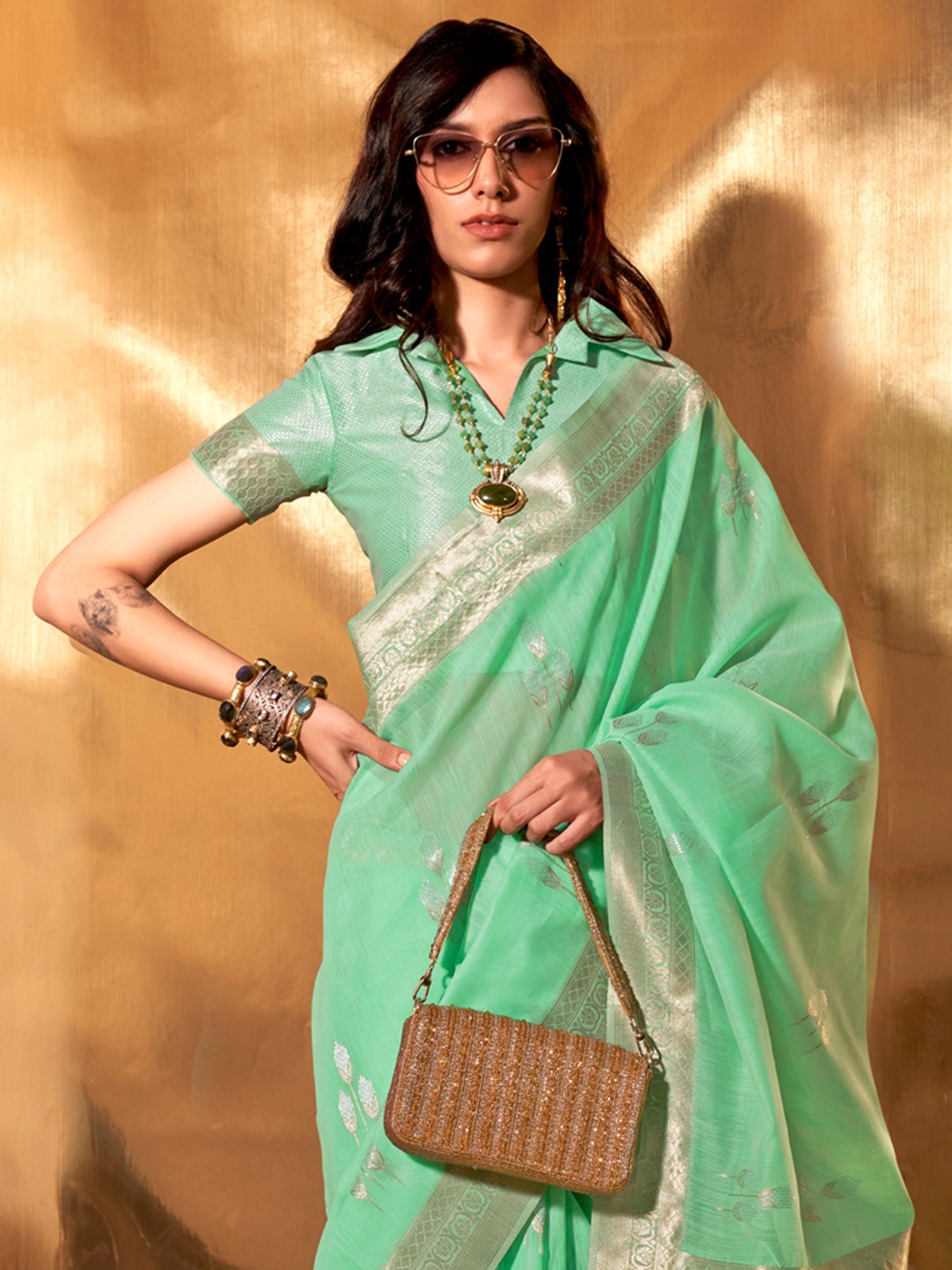 NOZ2TOZ Women's Linen Sea Green Woven Design Designer Saree With Blouse Piece - Distacart