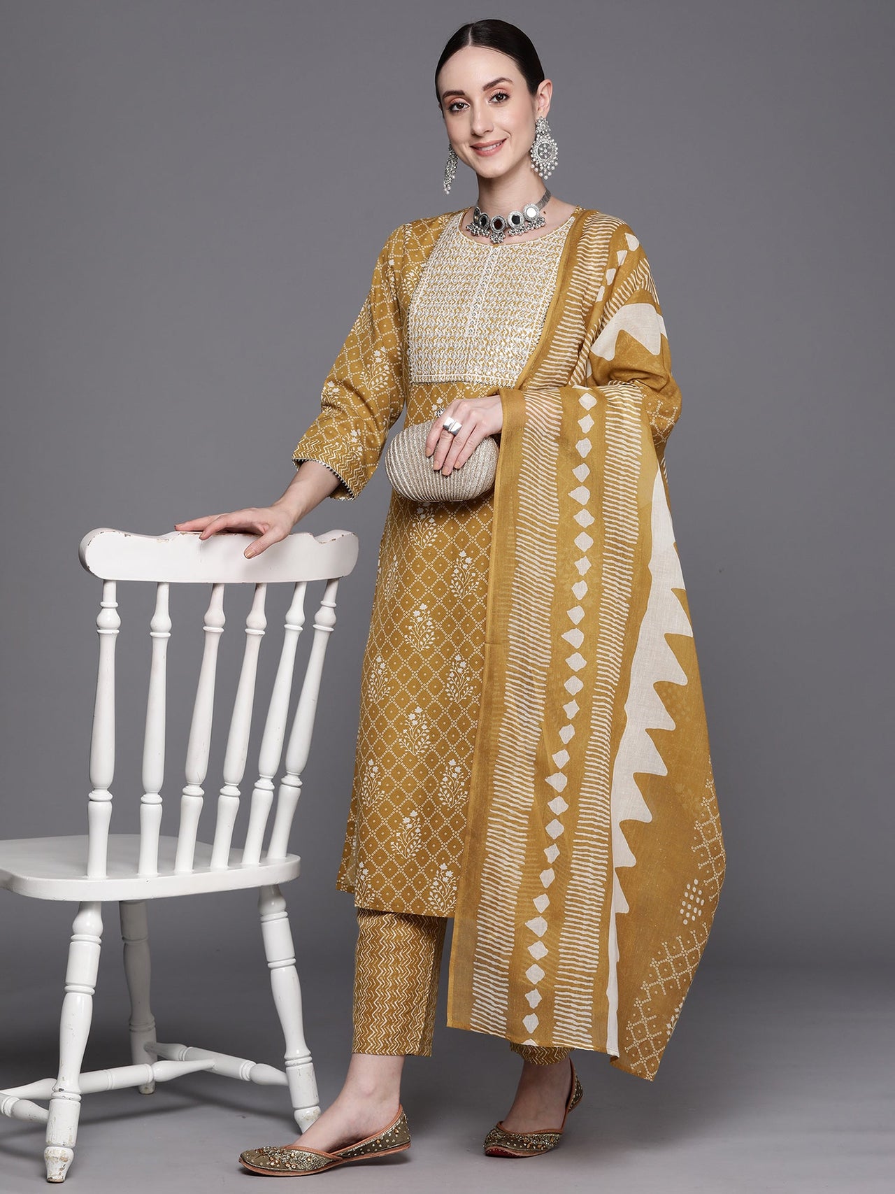 Women Mustard Printed Straight Kurta Trousers With Dupatta Set - Taantav