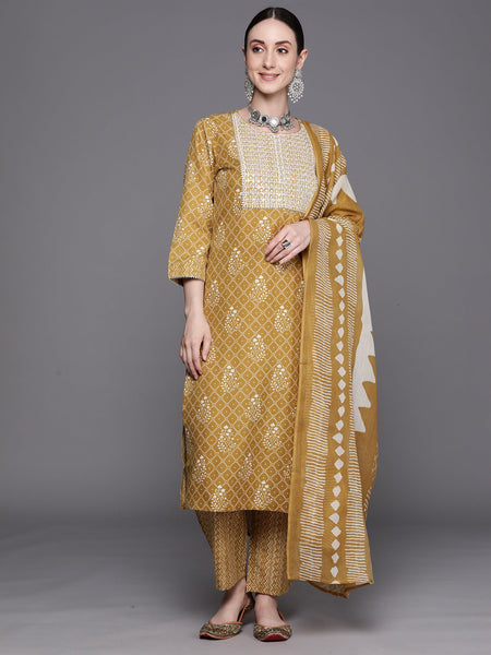 Women Mustard Printed Straight Kurta Trousers With Dupatta Set - Taantav