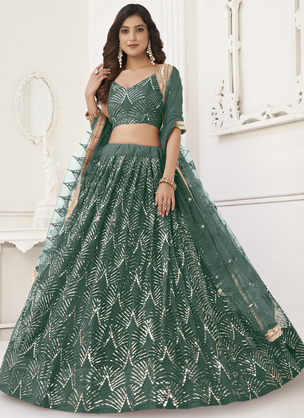 Vegaa Fashion Green Butterfly Net Embroidery Sequins Designer Lehenga