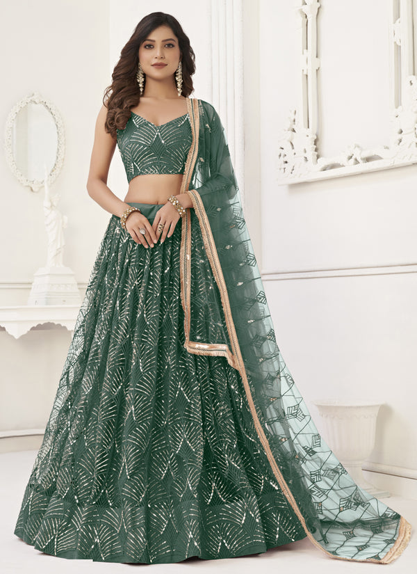 Vegaa Fashion Green Butterfly Net Embroidery Sequins Designer Lehenga