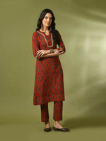 Thumbnail for Myshka Women's Rust Printed Cotton Straight Party Kurta Set - Distacart