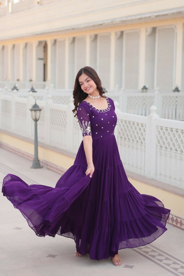 Aastha Fashion Women's Purple Faux Blooming Embroidery Zari Sequins-work Gown