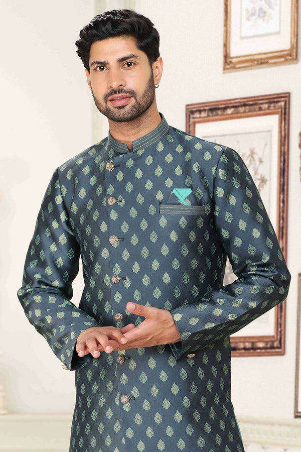 Raivat Ethnic Banarasi Jacquard Embroidery Semi Indo Western Sherwani In Grey Blue Colour