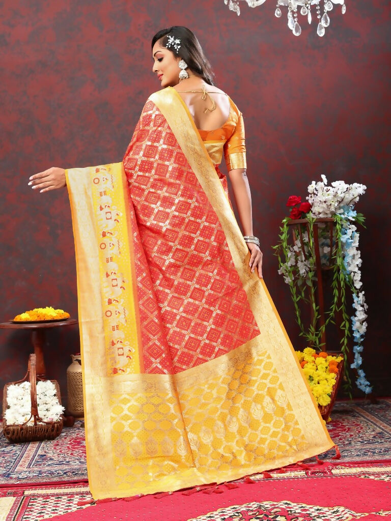 Vastranavya Red Soft Patola Silk With Meenakari Weaving Motifs And Rich Zari Weaving Pallu Saree With Matching Blouse Fabric - Distacart