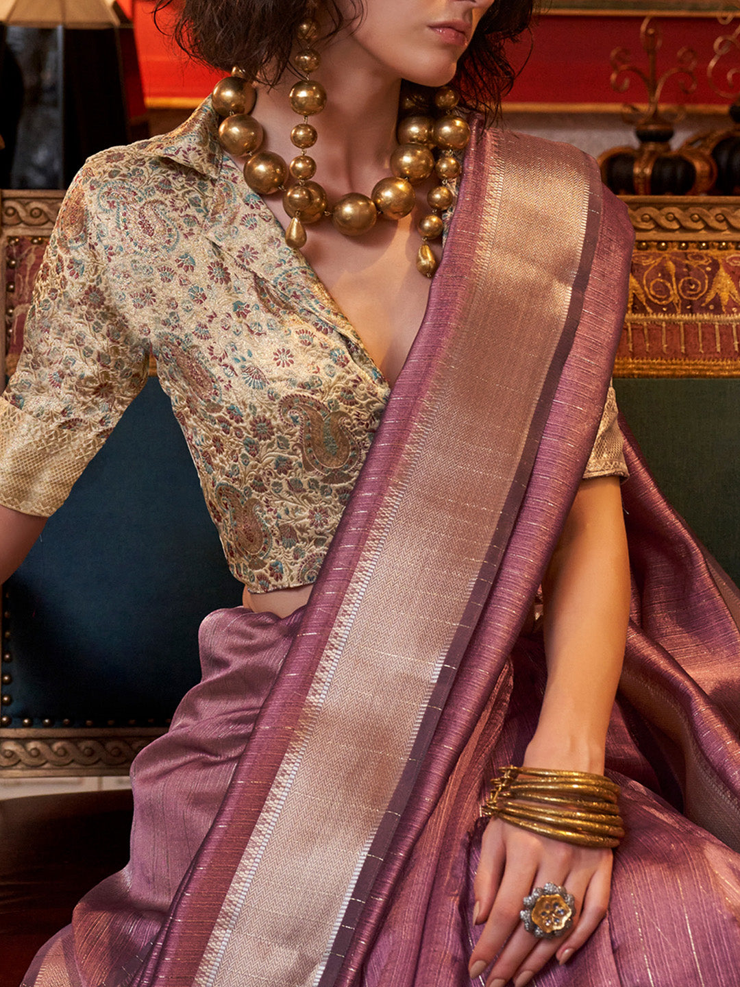 NOZ2TOZ Women's Chiffon Cream Woven Design Designer Saree With Blouse Piece
