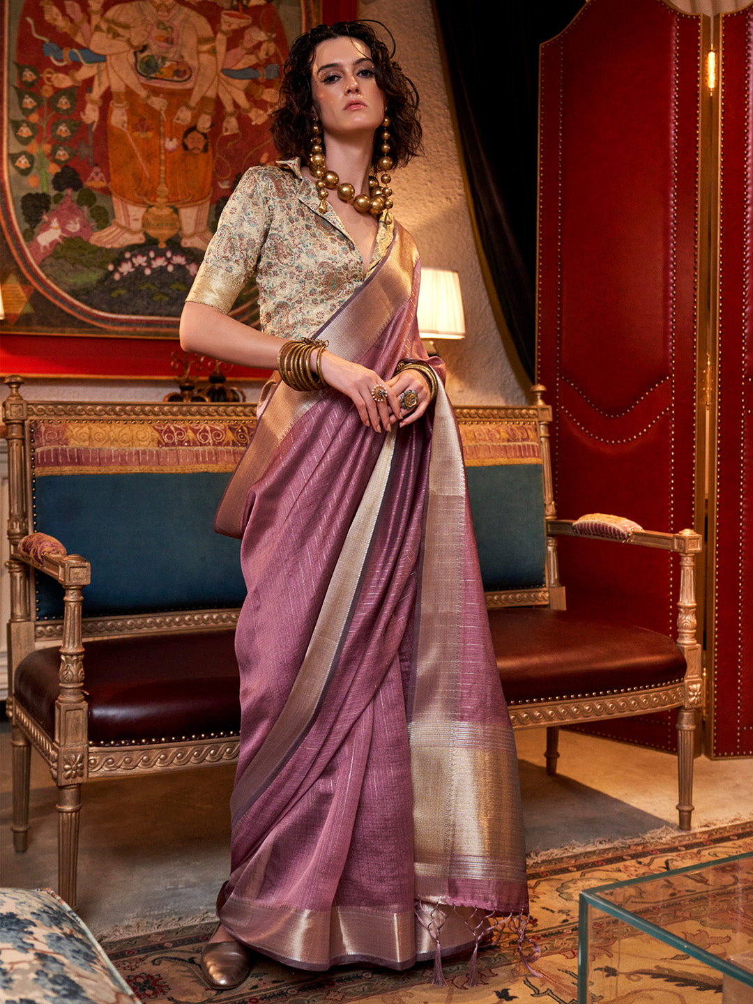 NOZ2TOZ Women's Chiffon Cream Woven Design Designer Saree With Blouse Piece