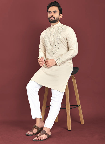 Prazu Fashion Off White Soft Silk Real Mirror Work Kurta
