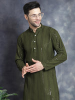 Thumbnail for Jompers Men's Sequins Chikankari Embroidered Kurta - Mehndi - Distacart