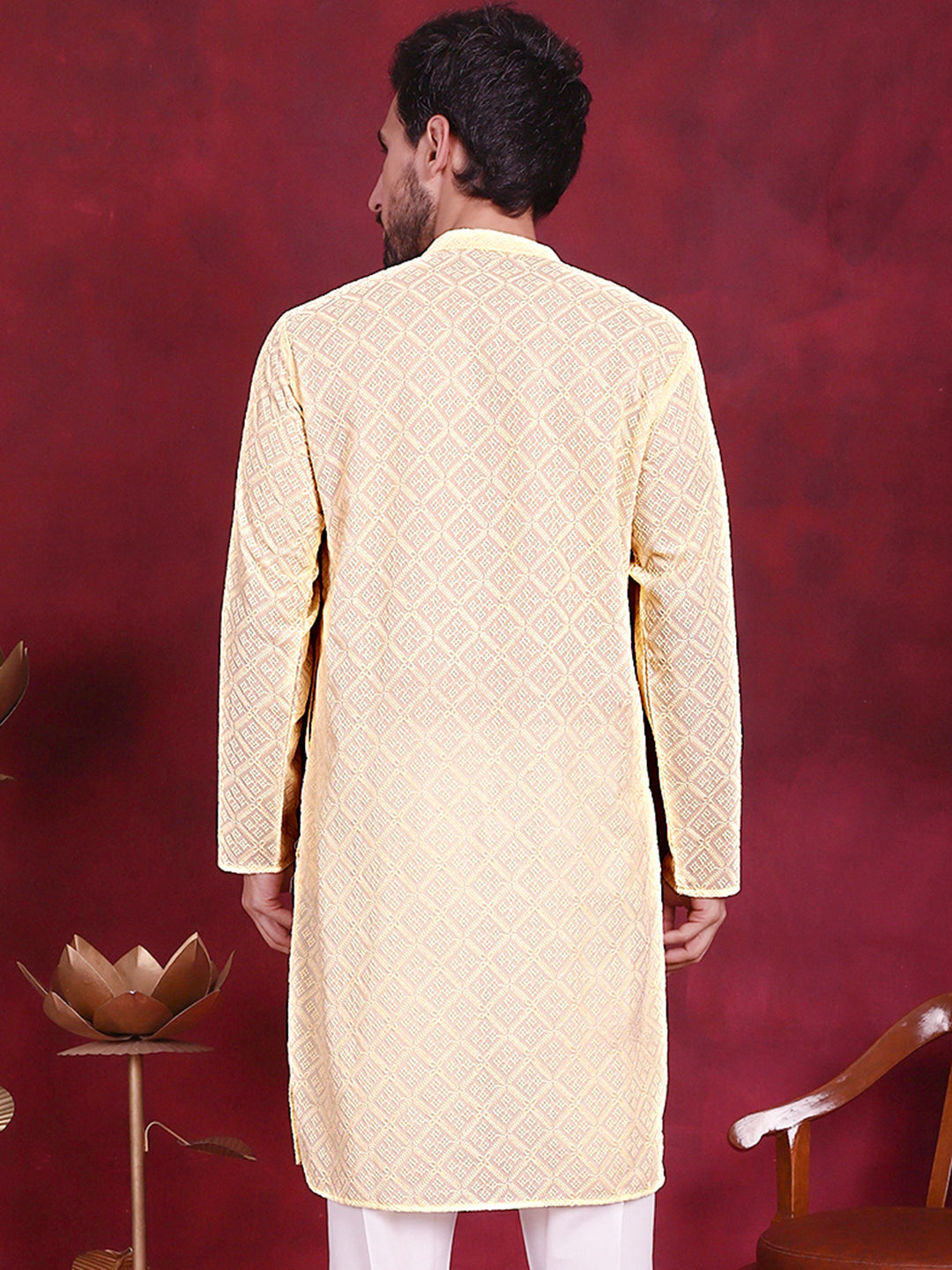 Jompers Men's Chikankari Embroidered Kurta - Yellow - Distacart