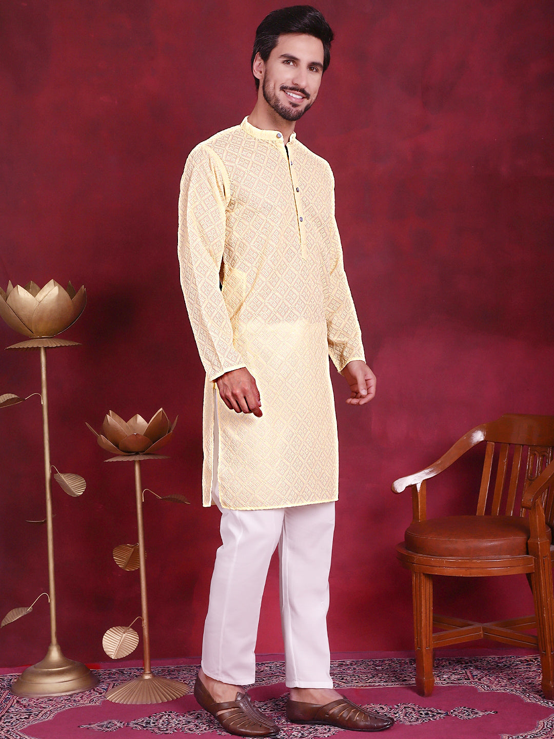 Jompers Men's Chikankari Embroidered Kurta - Yellow - Distacart
