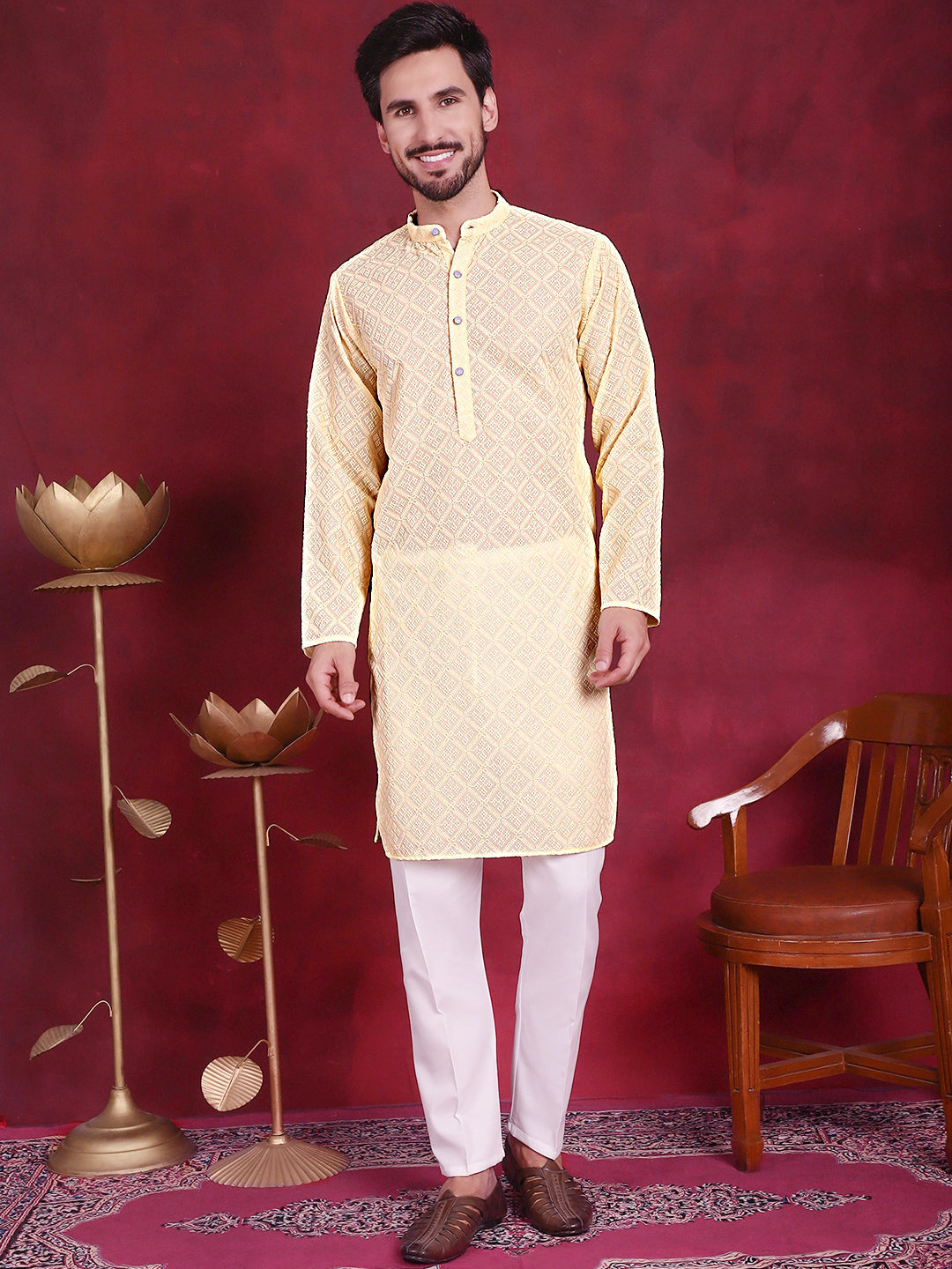 Jompers Men's Chikankari Embroidered Kurta - Yellow - Distacart