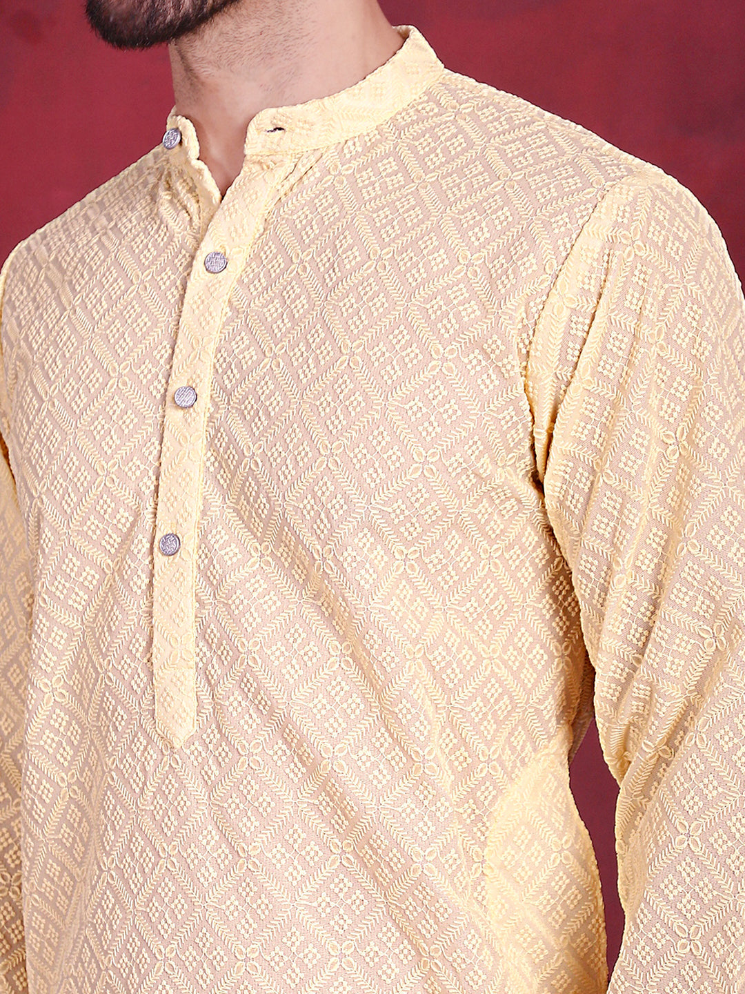 Jompers Men's Chikankari Embroidered Kurta - Yellow - Distacart