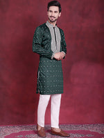 Thumbnail for Jompers Men's Sequins Embroidered Kurta - Olive - Distacart