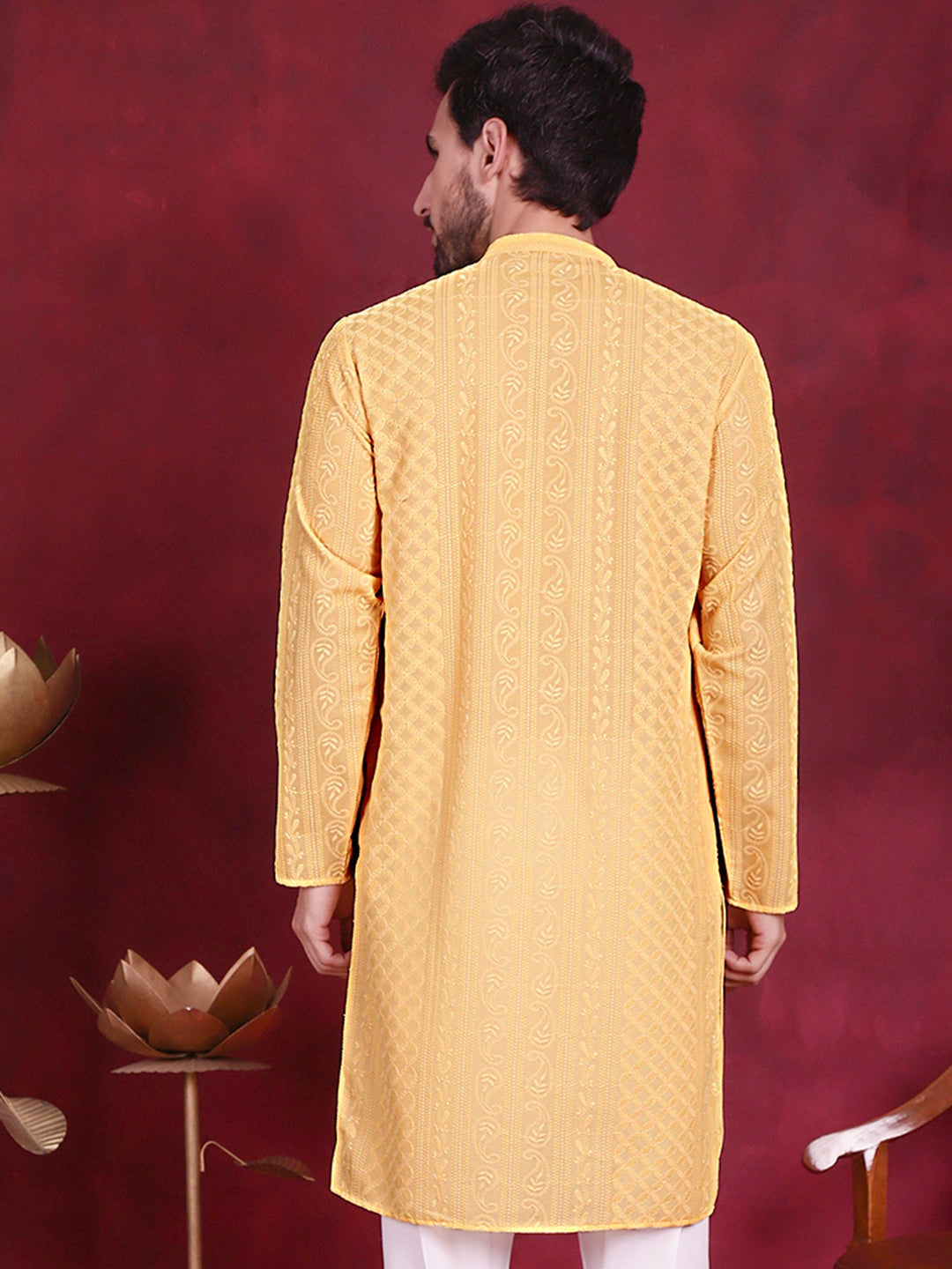 Jompers Men's Chikankari Embroidered Kurta - Beige - Distacart
