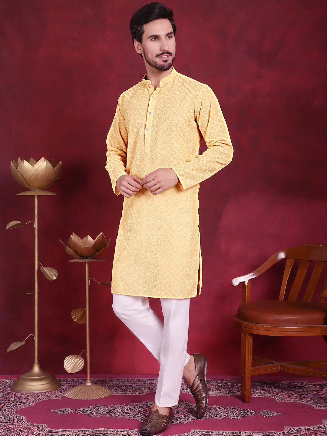Jompers Men's Chikankari Embroidered Kurta - Beige - Distacart