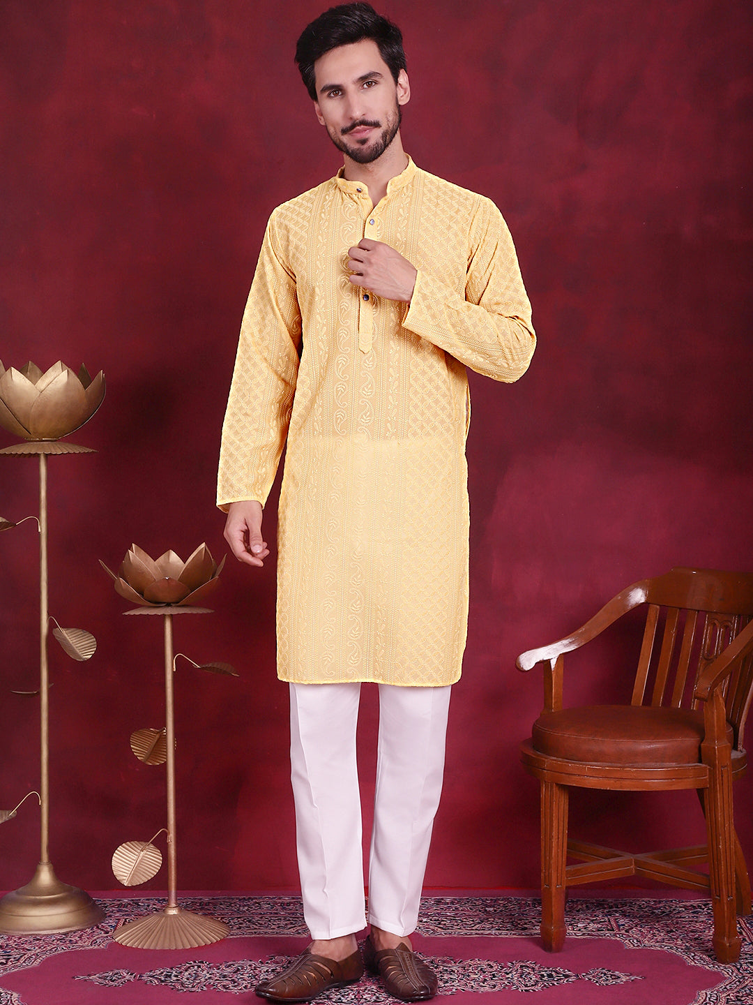 Jompers Men's Chikankari Embroidered Kurta - Beige - Distacart