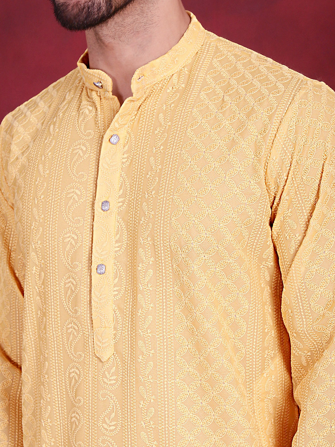 Jompers Men's Chikankari Embroidered Kurta - Beige - Distacart