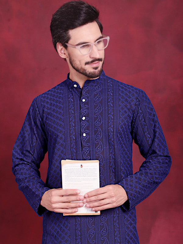 Jompers Men's Chikankari Embroidered Kurta - Navy Blue - Distacart
