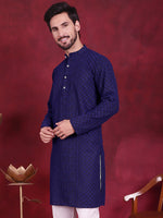 Thumbnail for Jompers Men's Chikankari Embroidered Kurta - Navy Blue - Distacart