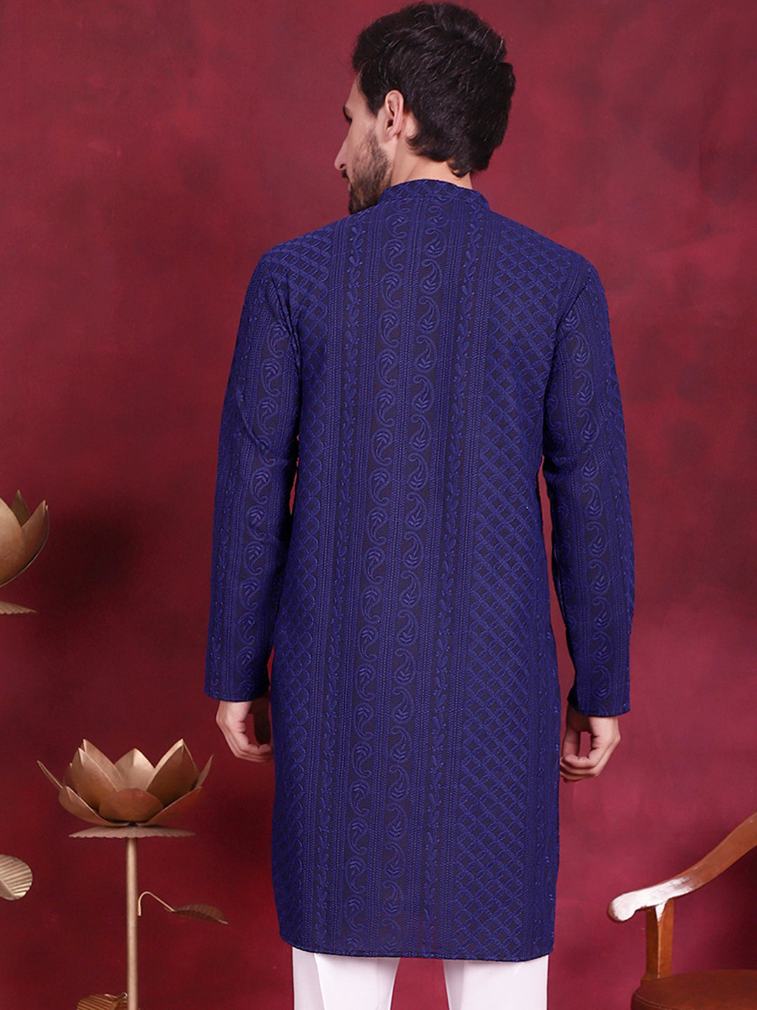 Jompers Men's Chikankari Embroidered Kurta - Navy Blue - Distacart