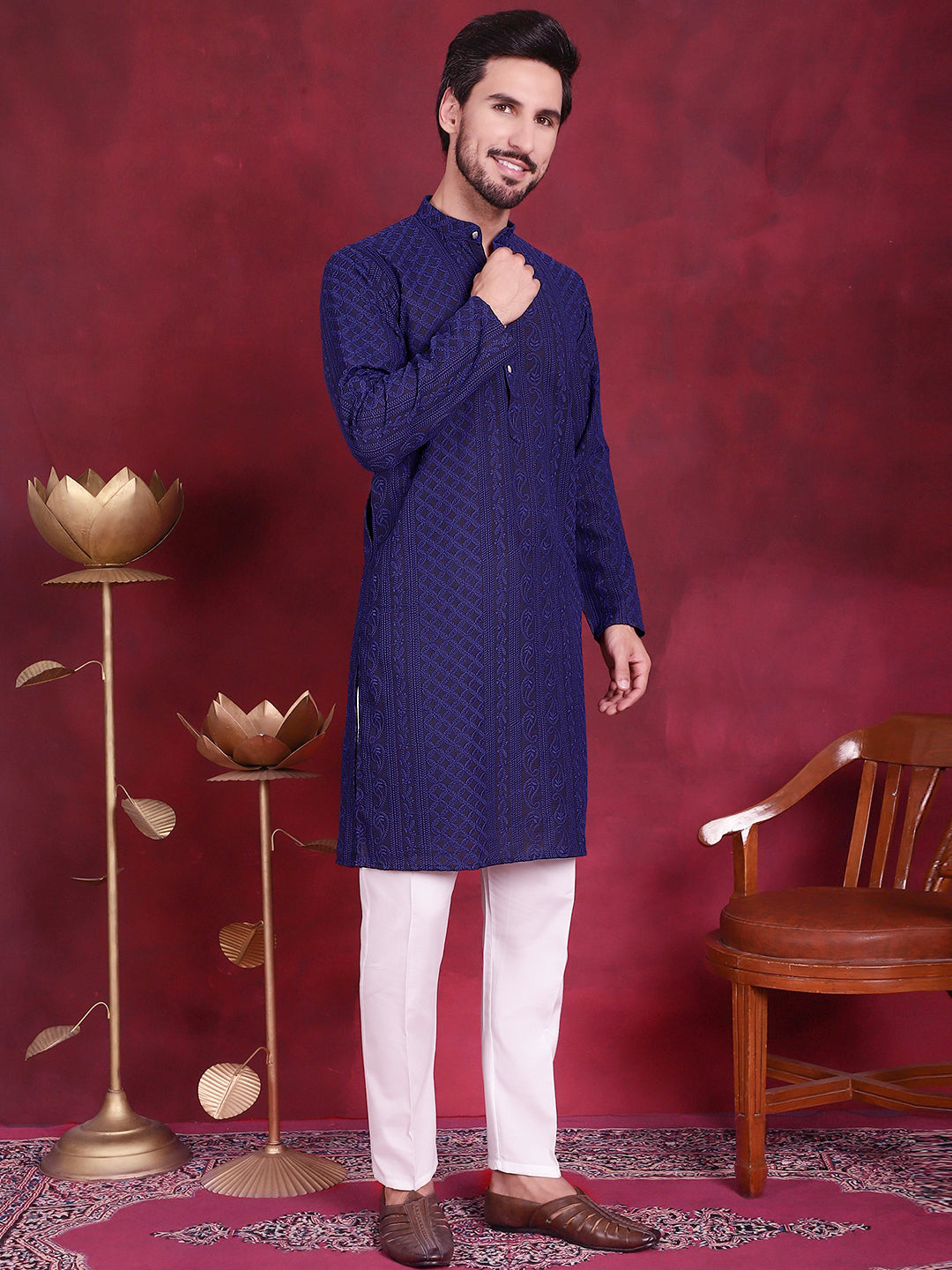 Jompers Men's Chikankari Embroidered Kurta - Navy Blue - Distacart