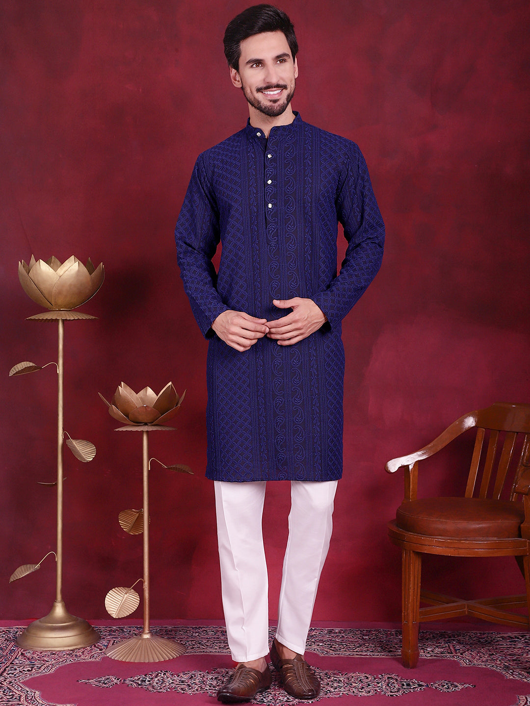 Jompers Men's Chikankari Embroidered Kurta - Navy Blue - Distacart