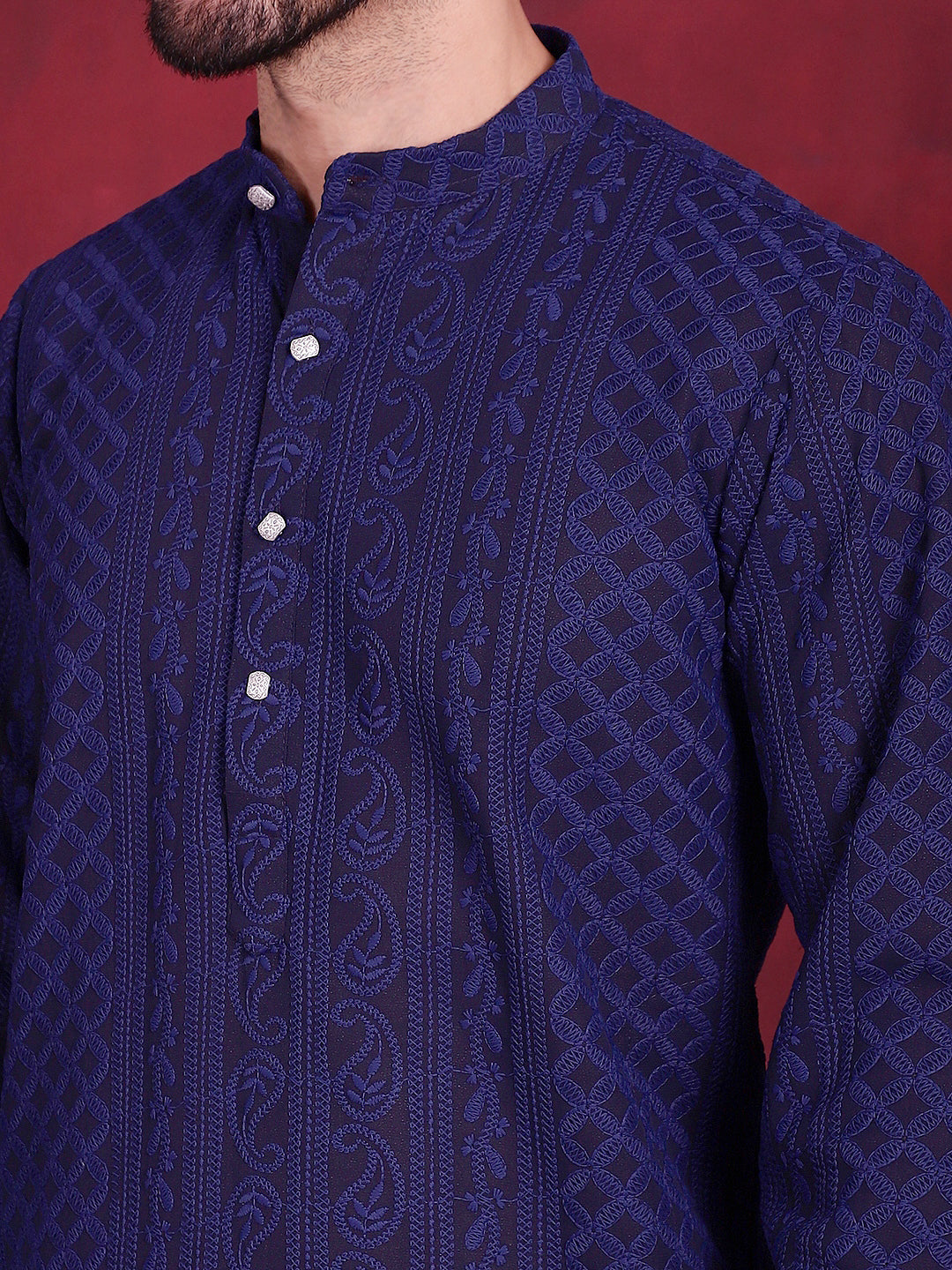 Jompers Men's Chikankari Embroidered Kurta - Navy Blue - Distacart