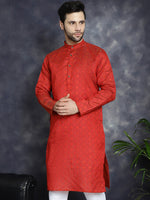 Thumbnail for Jompers Men's Red Woven Design Kurta - Red - Distacart