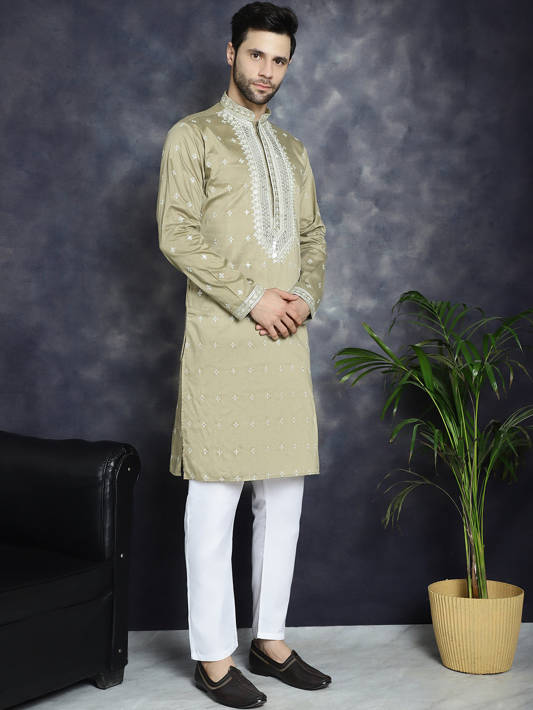 Jompers Men's Sequins Embroidered Kurta - Beige - Distacart