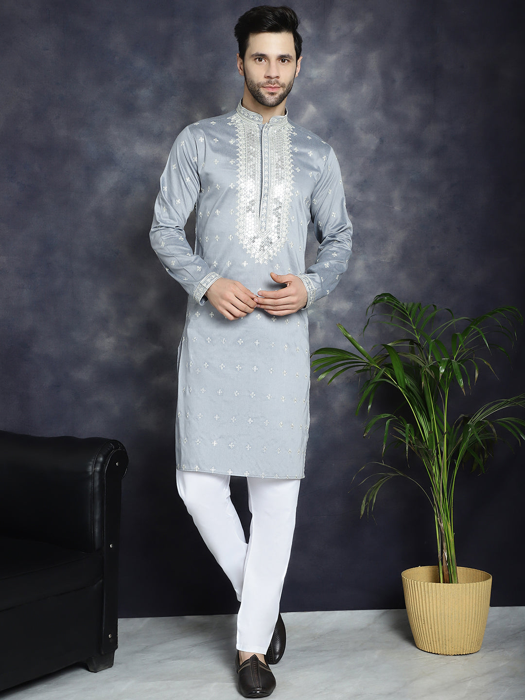 Jompers Men's Sequins Embroidered Kurta - Grey - Distacart