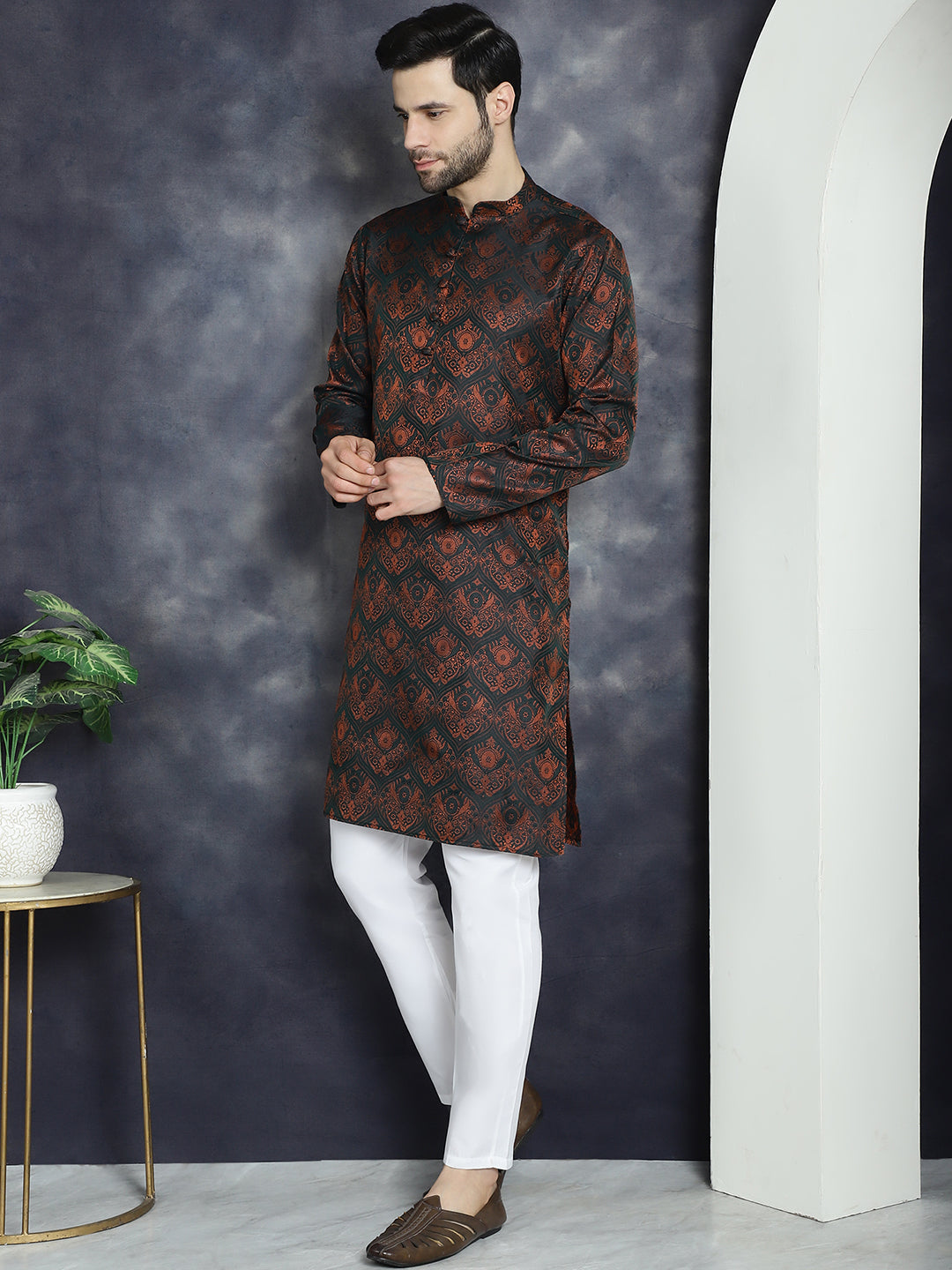 Jompers Men's Bronze Silk Blend Straight Kurta - Bronze - Distacart