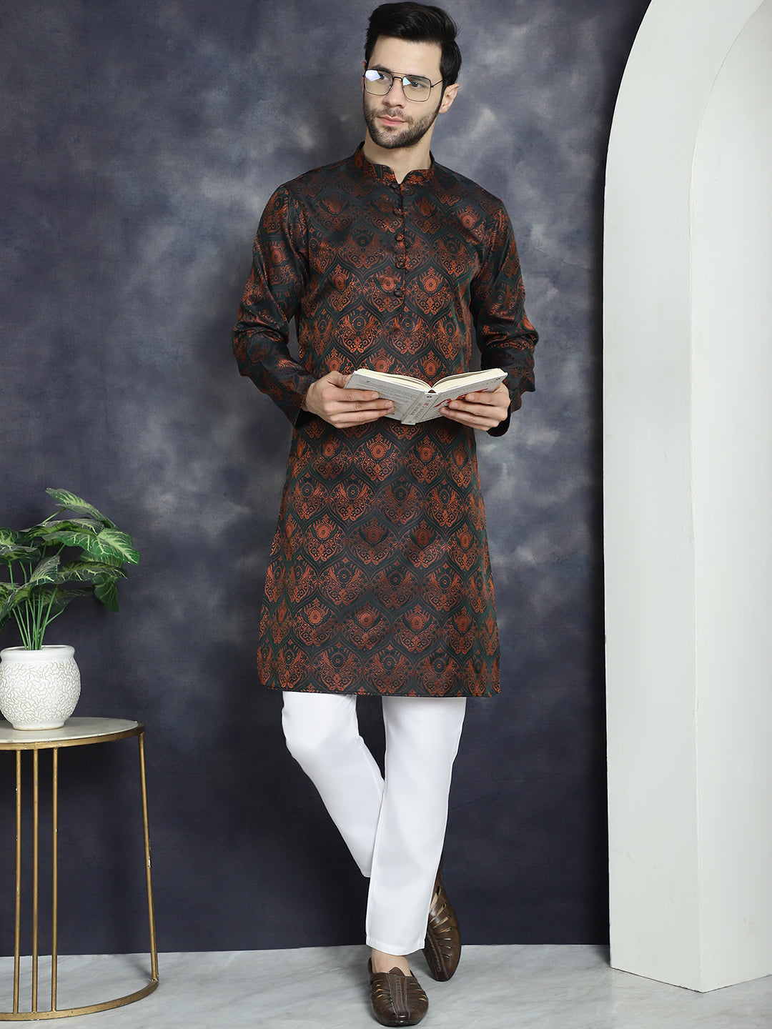 Jompers Men's Bronze Silk Blend Straight Kurta - Bronze - Distacart
