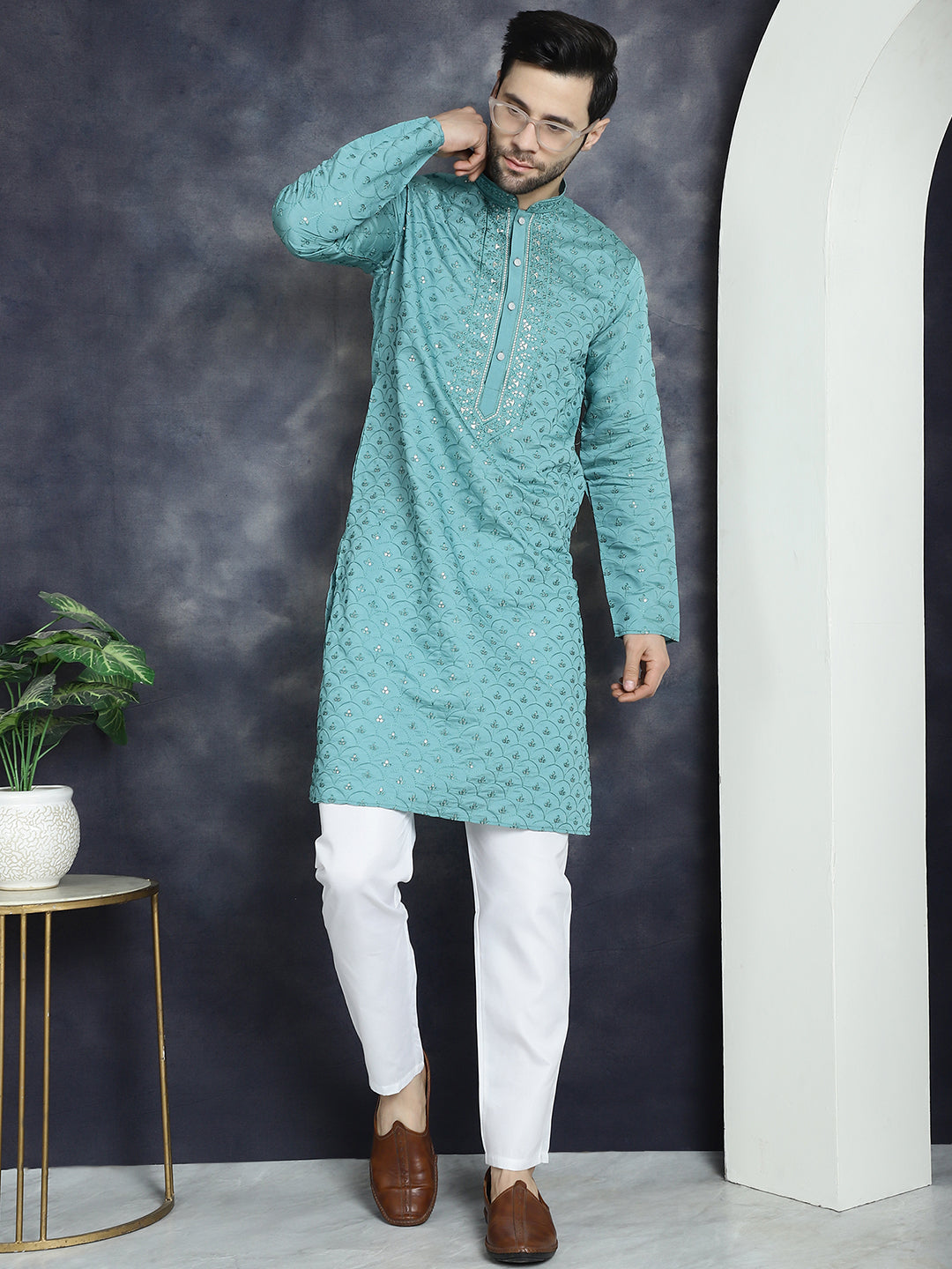 Jompers Men's Sequins Embroidered Kurta - Blue - Distacart