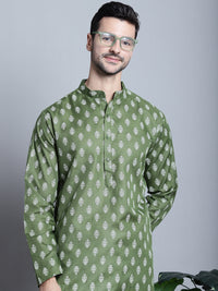 Thumbnail for Jompers Men's Cotton Floral printed Kurta Only - Olive - Distacart