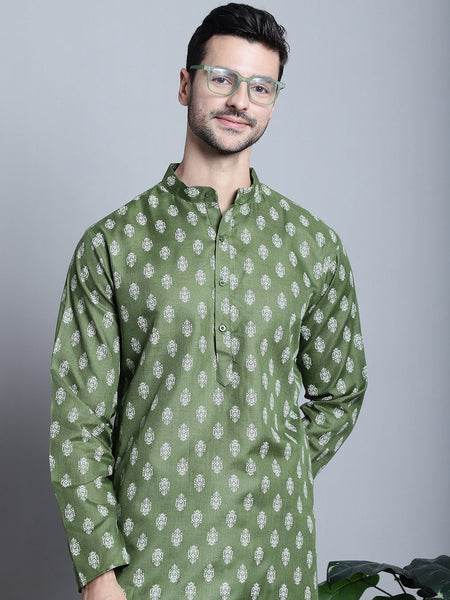 Jompers Men's Cotton Floral printed Kurta Only - Olive - Distacart