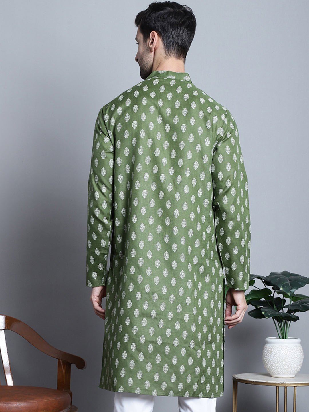 Jompers Men's Cotton Floral printed Kurta Only - Olive - Distacart