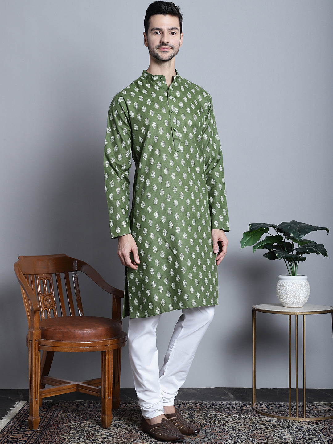 Jompers Men's Cotton Floral printed Kurta Only - Olive - Distacart
