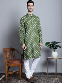 Thumbnail for Jompers Men's Cotton Floral printed Kurta Only - Olive - Distacart