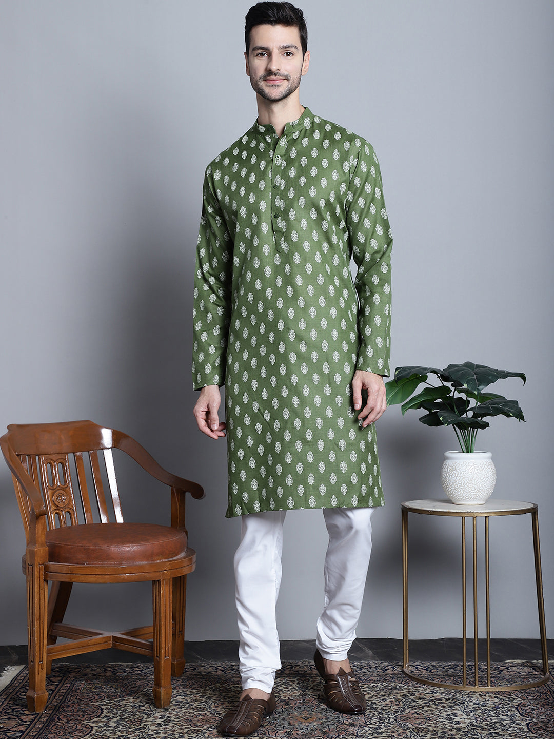 Jompers Men's Cotton Floral printed Kurta Only - Olive - Distacart